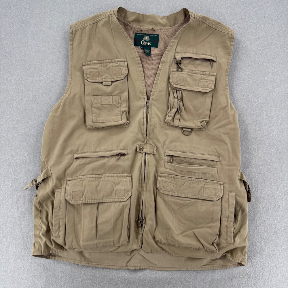 Vintage Orvis Fishing Khaki Utility Pockets Vest Mens XL